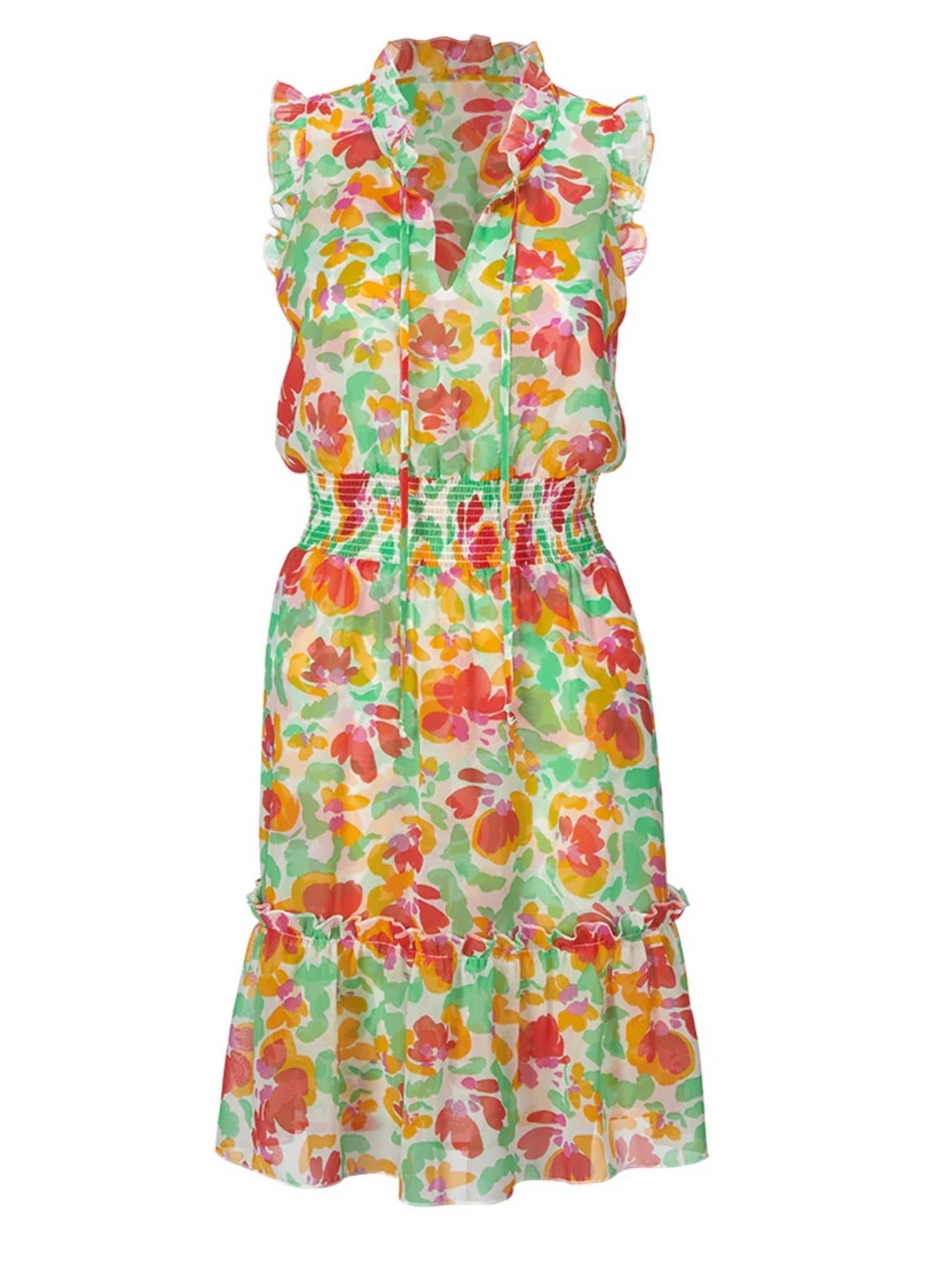 CAbi Spirit Dress  Floral Tie-Neck Smocked Waist Dress - Green, Red, Yellow